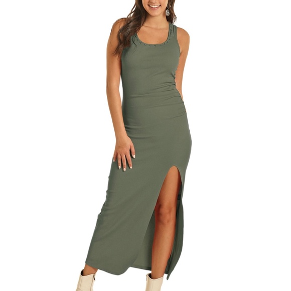 Rock & Roll Denim Women's Sleeveless Solid Maxi Dress - Olive Green. - Picture 2 of 2